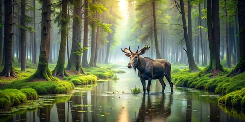 A serene forest landscape with old trees and a moose in a swampy area