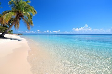 Tranquil, serene beachscape with crystal-clear waters, realistic, peaceful, idyllic, tropical, paradise :: palm trees, white sandy beaches, turquoise waves, gentle breeze, secluded paradise,