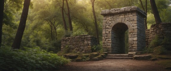 Naklejka premium Ancient Stone Tower Entrance in a Lush Forest.