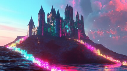 Obraz premium A castle with a rainbow colored path leading up to it