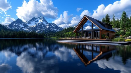 Fototapeta premium Tranquil, serene lakeside retreat with a cozy cabin and reflection in the calm waters, photorealistic, peaceful