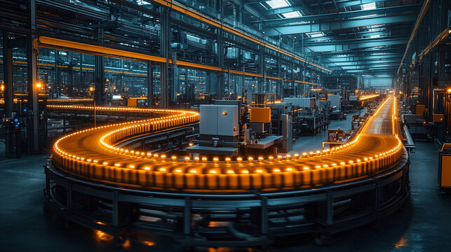 An industrial production line featuring glowing bottles on a conveyor belt under bright lights, showcasing efficient manufacturing.