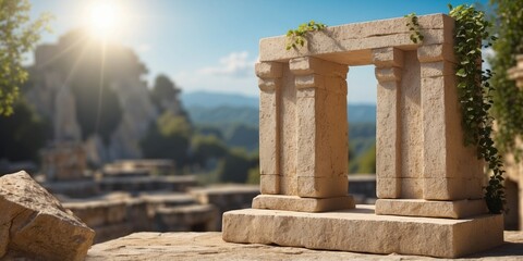 Mockup sandstone podium for product presentation in ancient ruins with stone overgrown green vines and blue sky sun.