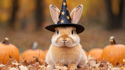 Rabbit wearing a witch s hat with stars and moons, sitting in a pumpkin patch, witch rabbit, festive Halloween bunny