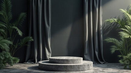3d display podium dark background , pedestal and flying silk cloth curtain. Generative AI