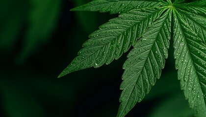 Fototapeta premium Close-up of fresh cannabis leaves, detailed veins and texture, natural green palette with soft light filtering through