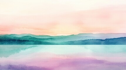 Fototapeta premium Abstract watercolor sunset blending pink, blue, purple, and green hues, with a soft gradient sky framing a natural horizon.