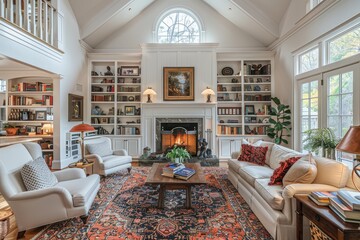 Cozy living room with white oak cabinets, vaulted ceiling, large fireplace, chairs, table, bookshelves, rug, and plants, featuring warm colors and a comfortable atmosphere, captured with a wide angle 