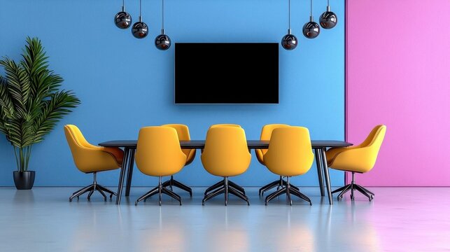 A pastel-colored professional meeting room with high-tech presentation equipment and sleek furniture