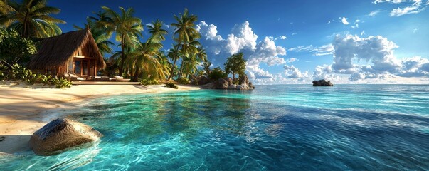 Obraz premium Vibrant, tropical paradise with palm trees and turquoise water, photorealistic, idyllic