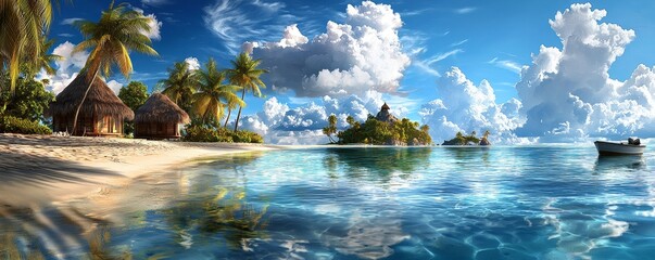 Obraz premium Vibrant, tropical paradise with palm trees and turquoise water, photorealistic, idyllic