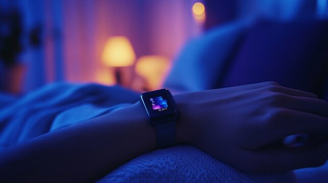 AI-enhanced wearable devices that monitor sleep patterns and provide feedback: A person using a smart band that tracks sleep cycles and offers personalized recommendations.