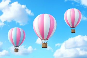 Naklejka premium Whimsical, colorful hot air balloons floating in the sky, photorealistic, dreamlike