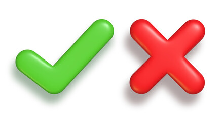 3d green tick and red cross sign. Vector icon set of right and wrong mark. Realistic correct and incorrect symbols