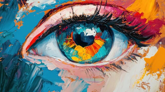 Conceptual abstract painting of a colorful eye on an oil canvas. Bold brush strokes create layers of color, bringing a vibrant sense of depth and movement.