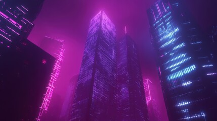 Fototapeta premium A city skyline with a purple sky and neon lights