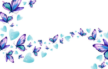 Fluttering butterflies. Delicate purple and blue butterflies with hearts. Watercolor illustration hand painted. Clipart for the design of postcards, posters, invitations