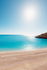 Beach of Port Katsiki with turquoise shining ocean on the island of Lefkada, Ionian Sea, Greece