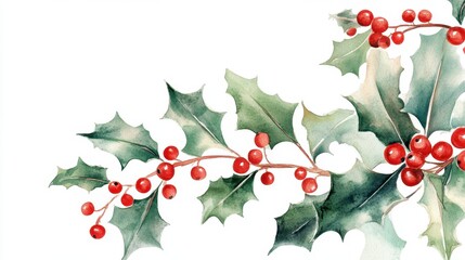 Fototapeta premium A watercolor Christmas card design with hand-painted festive elements like holly leaves and berries, capturing a whimsical holiday spirit.