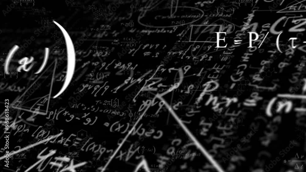 Poster animation of mathematical data processing over black background