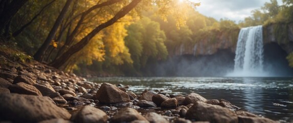 A beautiful landscape with a large body of water and a waterfall.