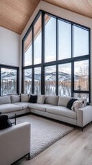 Fototapeta premium Cozy winter cabin with panoramic glass walls