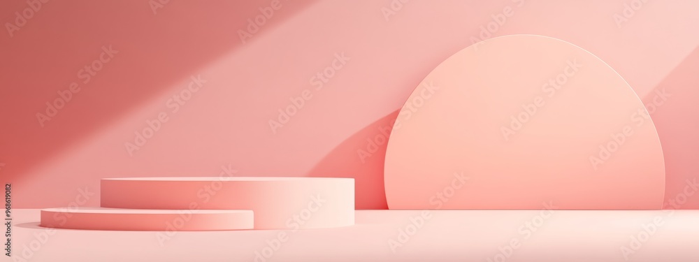 Aufkleber pastel pink podium with abstract geometric shapes and floating elements against a monochromatic back