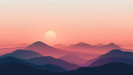 Obraz premium Mountain silhouettes at sunset with soft orange and pink sky