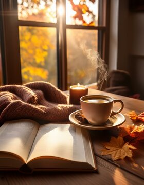 Un primer plano de una mesa r&uacute;stica de madera con una taza de caf&eacute; humeante y un libro abierto. Alrededor, hojas secas esparcidas, una vela encendida y una bufanda tejida de lana.
