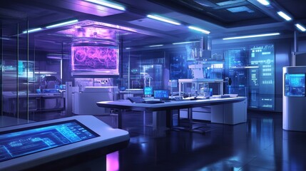 A futuristic lab with a large aquarium in the middle