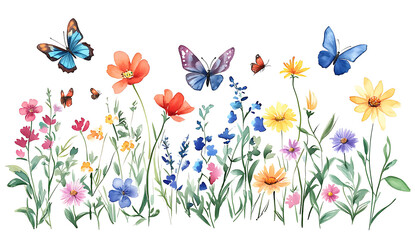 A watercolor illustration of butterflies and wildflowers in a meadow, with a white background 