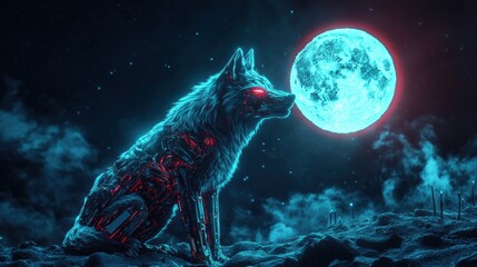 A wolf is sitting on the ground in front of a large blue moon