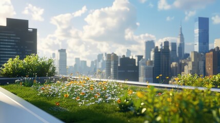 Fototapeta premium A city skyline with a green roof and a view of the city