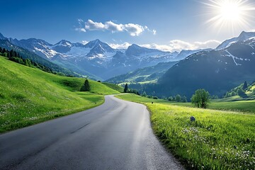 Fototapeta premium Road to snowy mountains in the morning,panoramic view