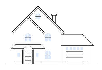 Simple, modern two-story house with a garage and blue windows, drawn in a minimalist style. Ideal for architectural designs, real estate, home improvement, construction, and family living concepts