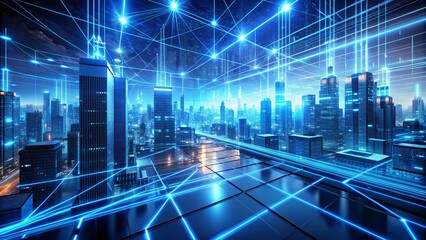 Fototapeta premium Blue glowing wires overlay on top of a virtual cityscape, creating a futuristic and vibrant scene