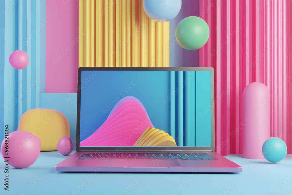 Poster colorful laptop display on a vibrant, abstract backdrop with pastel shapes and patterns during dayti