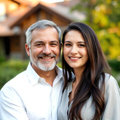 Fototapeta premium A middle-aged couple smiling warmly outdoors, standing closely in a natural setting with greenery.