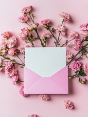 A pink envelope surrounded by pink flowers on a soft pink background.