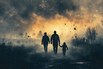 A man, woman and child walk through a field of dust and debris
