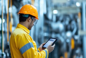 Obraz premium A worker in safety gear uses a tablet to monitor equipment in an industrial setting, showcasing modern technology in action.