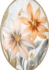 Floral artwork featuring orange and white flowers with leaves in a decorative frame.