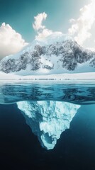 Iceberg with underwater view in arctic landscape, environmental contrast concept
