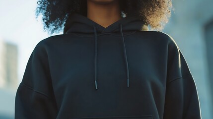 A woman wearing a black hoodie posing for a picture. Suitable for various uses