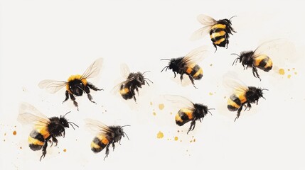 Hand-painted watercolor illustration of bumblebees in flight, isolated on a clean background, capturing their vibrant colors and summer energy.