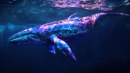 Fototapeta premium A whale is swimming in the ocean with a blue and purple color