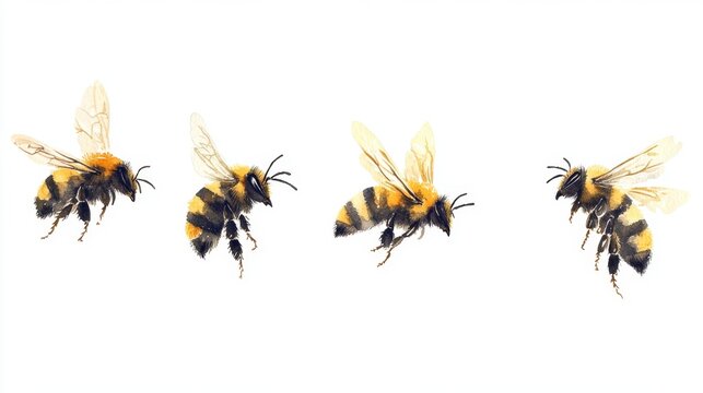Hand-painted watercolor illustration of bumblebees in flight, isolated on a clean background, capturing their vibrant colors and summer energy.