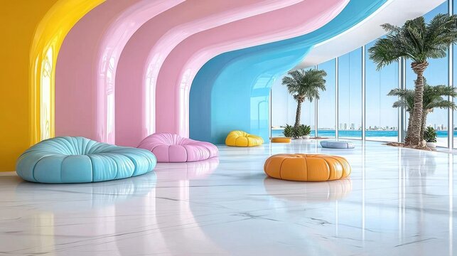 A sleek pastel-colored office layout with large windows stylish furniture and a calming vibe