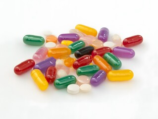 A pile of colorful pills on a white background.