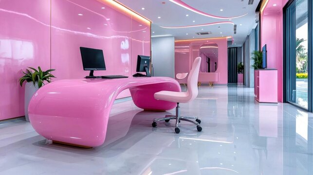 A sleek pastel-colored office with large desks comfortable chairs and a clean layout for productive work